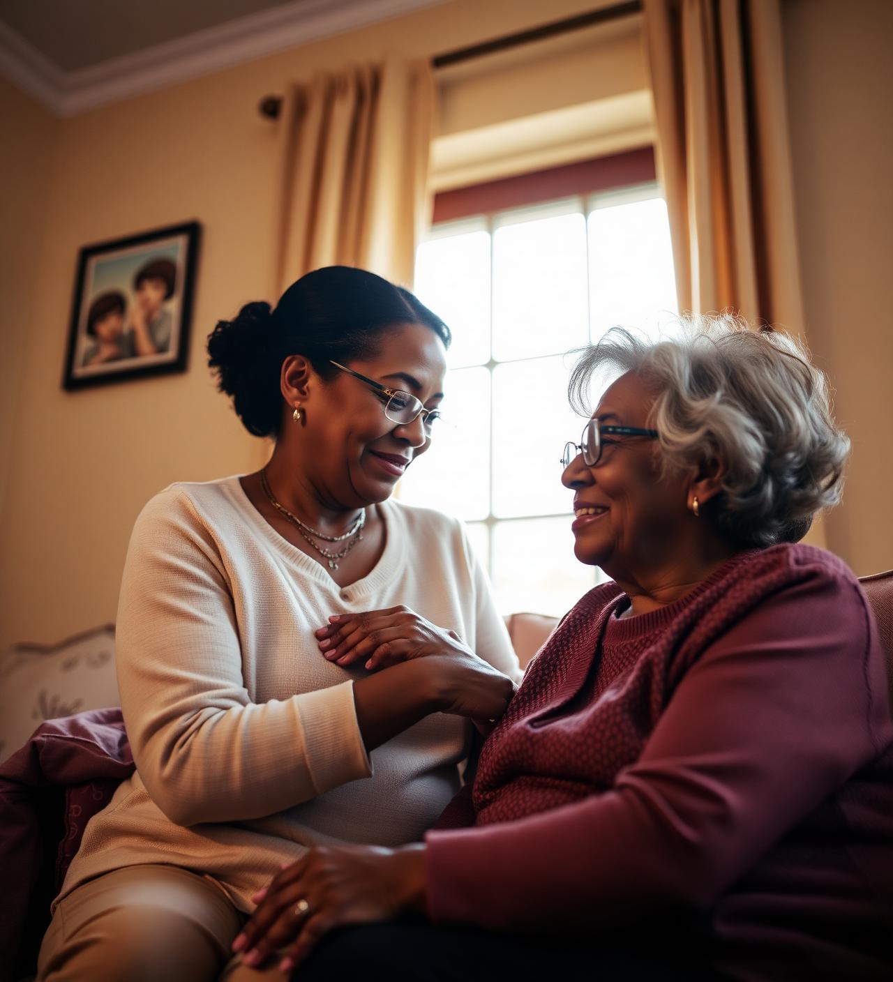 A daughter sitting close to her mother at home, providing daily care